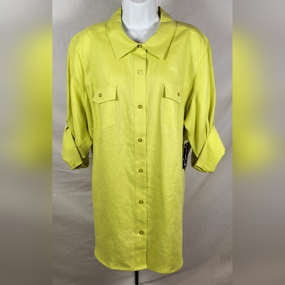 KIM ROGERS Yellow Green Button Down Linen Blouse - Size 2X or Size 20W